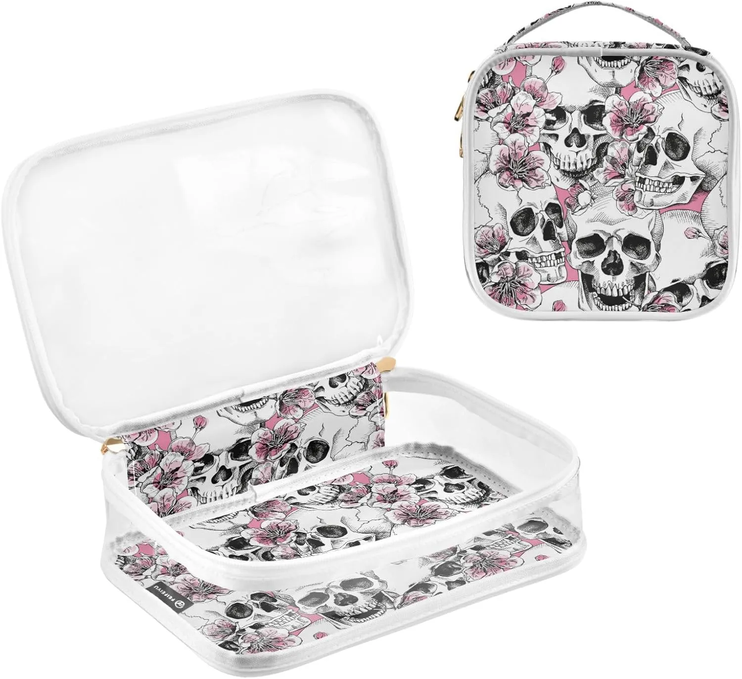 MNSRUU Clear Makeup Bags Pink Floral Skull Toiletry Bag for Women 2 PCS Waterproof Clear Bags Clear Travel Toiletry Bag Small Cosmetic Makeup Bag, Carry on Airport Airline Compliant Bag