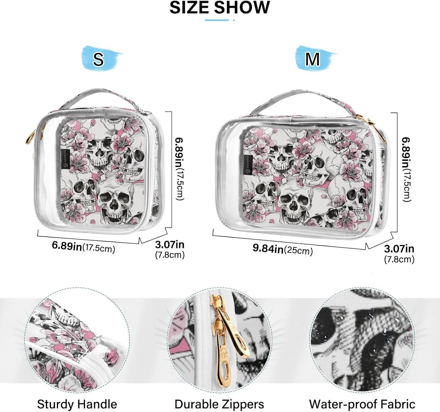 MNSRUU Clear Makeup Bags Pink Floral Skull Toiletry Bag for Women 2 PCS Waterproof Clear Bags Clear Travel Toiletry Bag Small Cosmetic Makeup Bag, Carry on Airport Airline Compliant Bag