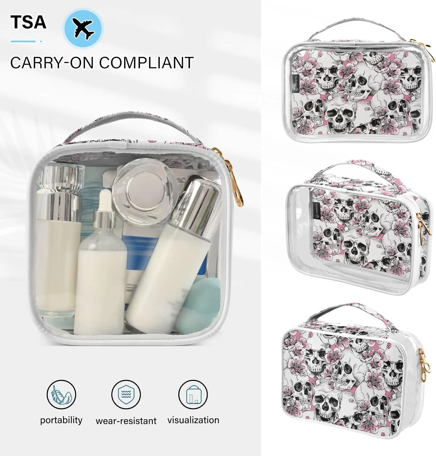 MNSRUU Clear Makeup Bags Pink Floral Skull Toiletry Bag for Women 2 PCS Waterproof Clear Bags Clear Travel Toiletry Bag Small Cosmetic Makeup Bag, Carry on Airport Airline Compliant Bag