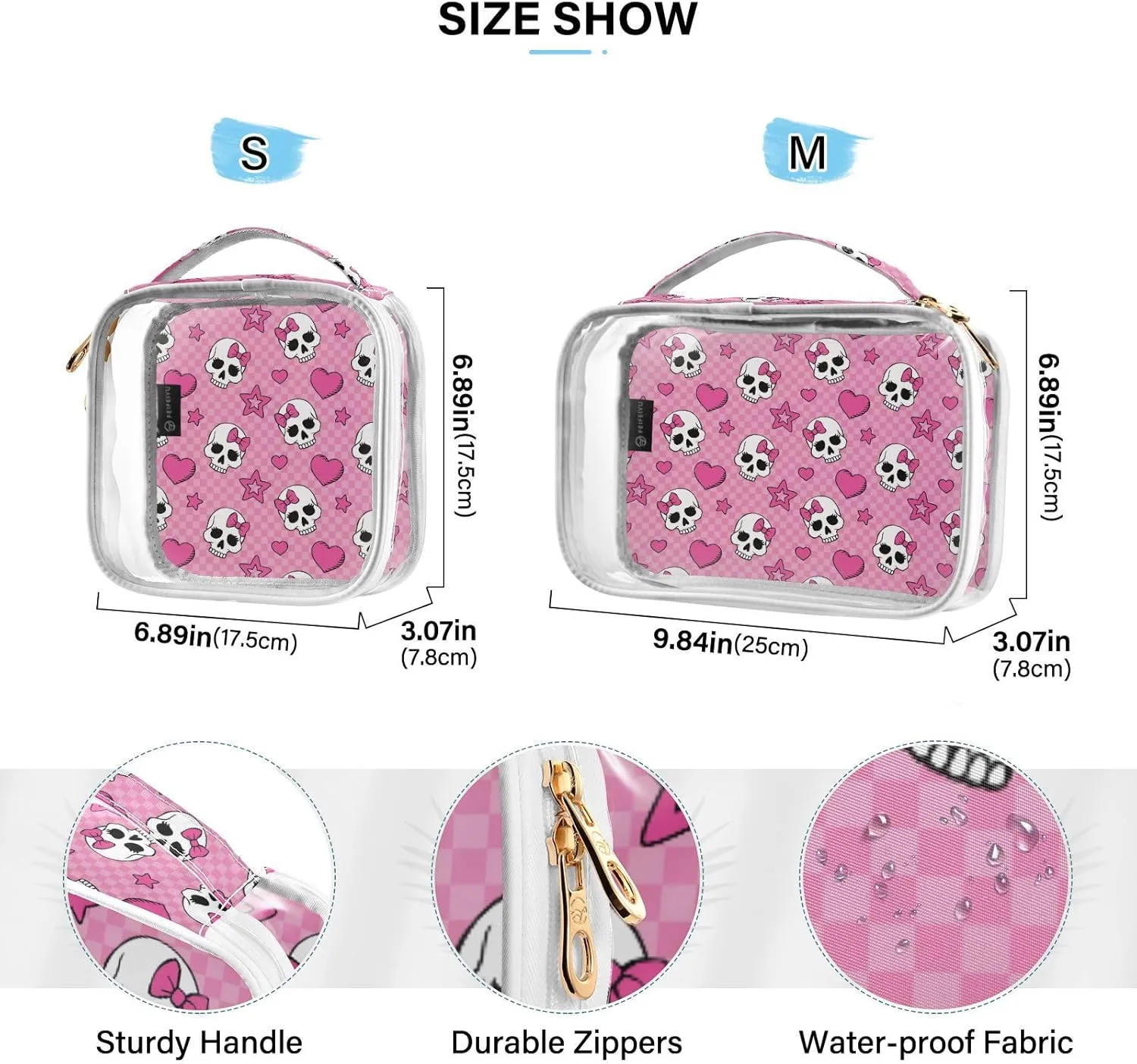 MNSRUU Clear Makeup Bags Pink Skull Girl Toiletry Bag for Women 2 PCS Waterproof Clear Bags Clear Travel Toiletry Bag Small Cosmetic Makeup Bag, Carry on Airport Airline Compliant Bag
