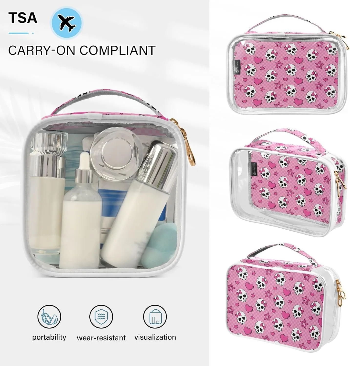 MNSRUU Clear Makeup Bags Pink Skull Girl Toiletry Bag for Women 2 PCS Waterproof Clear Bags Clear Travel Toiletry Bag Small Cosmetic Makeup Bag, Carry on Airport Airline Compliant Bag