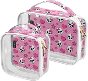 MNSRUU Clear Makeup Bags Pink Skull Girl Toiletry Bag for Women 2 PCS Waterproof Clear Bags Clear Travel Toiletry Bag Small Cosmetic Makeup Bag, Carry on Airport Airline Compliant Bag