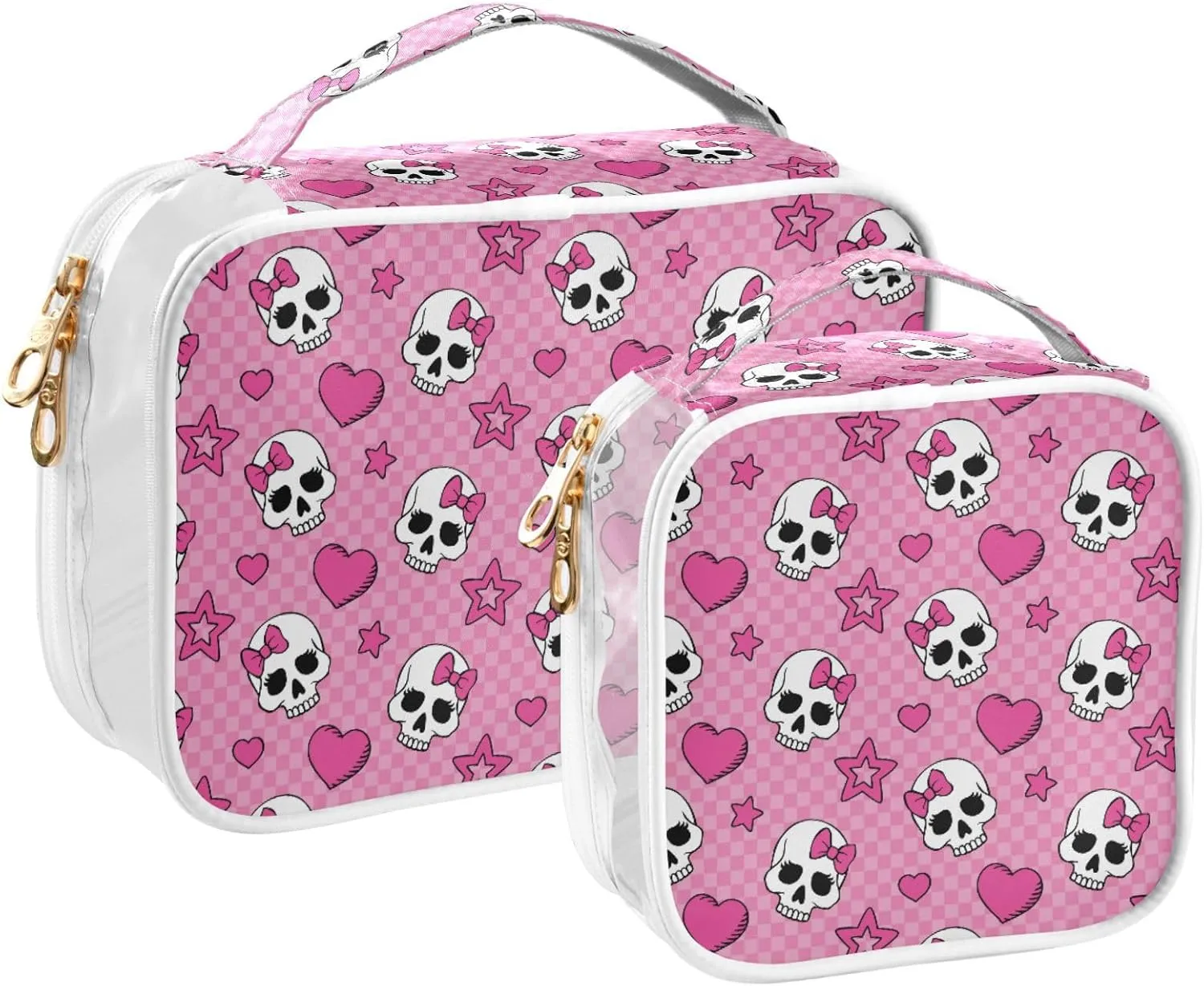 MNSRUU Clear Makeup Bags Pink Skull Girl Toiletry Bag for Women 2 PCS Waterproof Clear Bags Clear Travel Toiletry Bag Small Cosmetic Makeup Bag, Carry on Airport Airline Compliant Bag