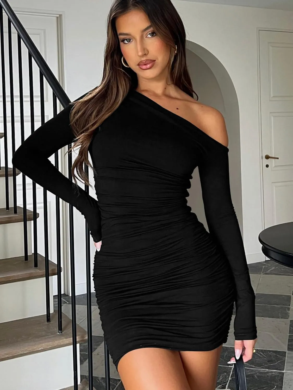 Mokoru Women's Sexy Elegant Off Shoulder Long Sleeve Ruched Bodycon Cocktail Party Mini Dresses