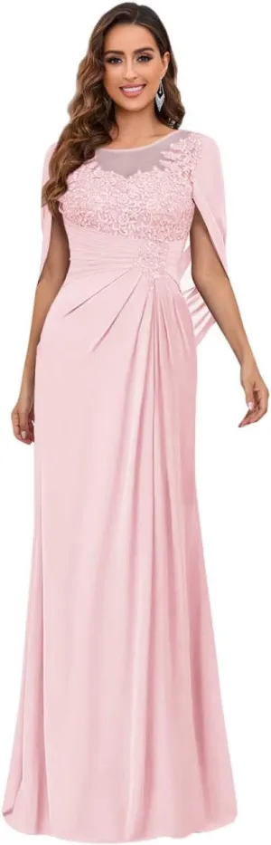 Mother of The Bride Dresses for Wedding Scoop Neck Fitted Beautiful Lace Chiffon Formal Dress with Shawl