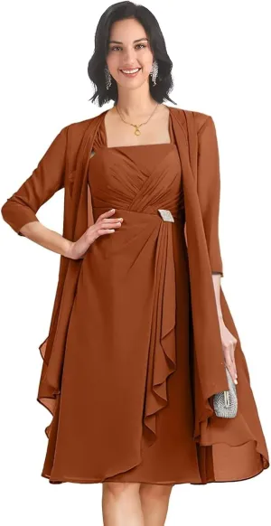 Mother of The Bride Dresses for Wedding Tea Length 2 Pieces Chiffon Formal Dress with Jacket YB21