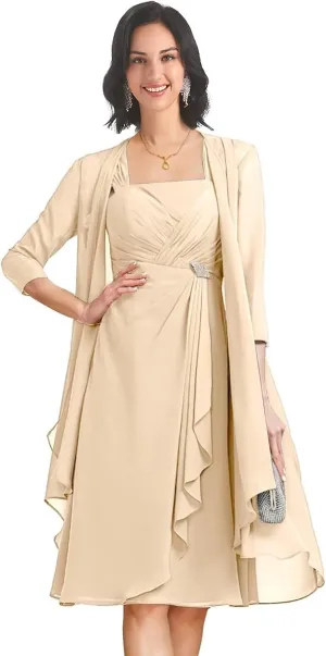 Mother of The Bride Dresses for Wedding Tea Length 2 Pieces Chiffon Formal Dress with Jacket YB21