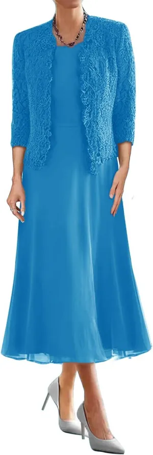 Mother of The Bride Dresses for Wedding Tea Length Evening Formal Dress Lace Wedding Guest Groom Gowns with Jacket