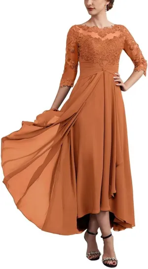 Mother of The Bride Dresses for Wedding with 3/4 Sleeves Tea Length Chiffon Lace Appliques Formal Dresses