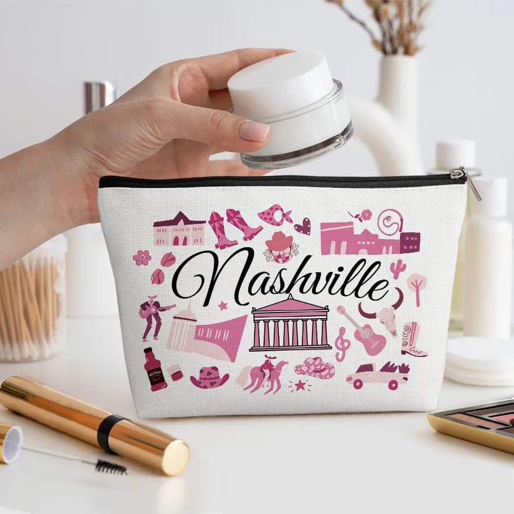 Nashville Gifts Makeup Bag, Nashville Souvenir Nashville Lovers Gift Funny Nashville Travel Vacation Cosmetic Bag for Women Bestie Girls Trip Birthday Christmas Bachelorette Party Friendship Gifts