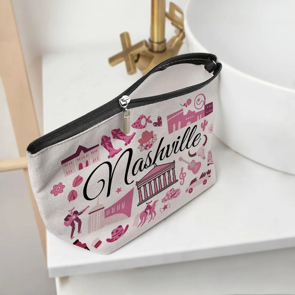Nashville Gifts Makeup Bag, Nashville Souvenir Nashville Lovers Gift Funny Nashville Travel Vacation Cosmetic Bag for Women Bestie Girls Trip Birthday Christmas Bachelorette Party Friendship Gifts