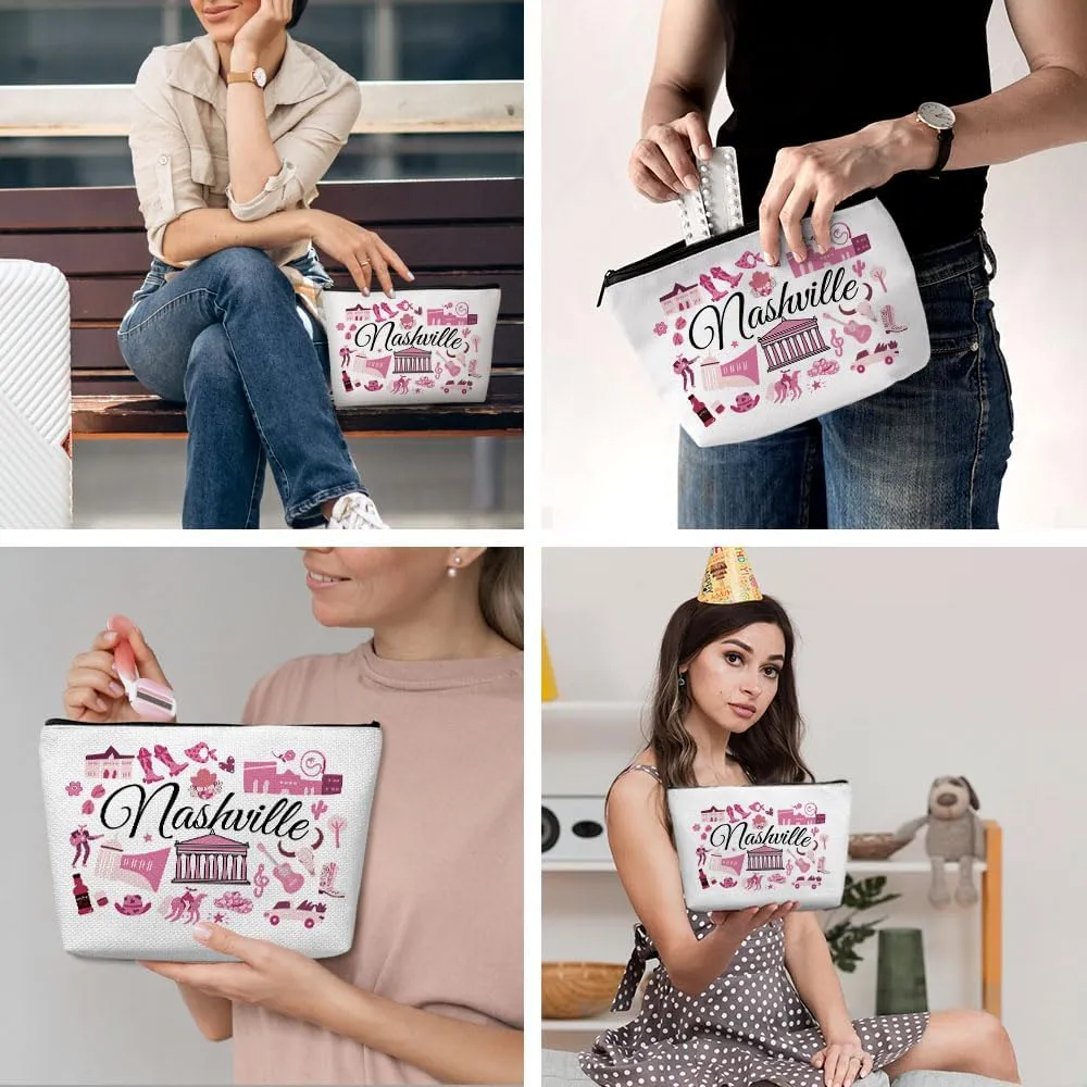 Nashville Gifts Makeup Bag, Nashville Souvenir Nashville Lovers Gift Funny Nashville Travel Vacation Cosmetic Bag for Women Bestie Girls Trip Birthday Christmas Bachelorette Party Friendship Gifts