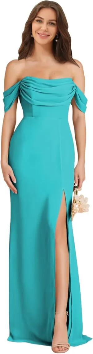 Off Shoulder Chiffon Bridesmaid Dress Long for Women Mermaid Formal Evening Dress with Slit