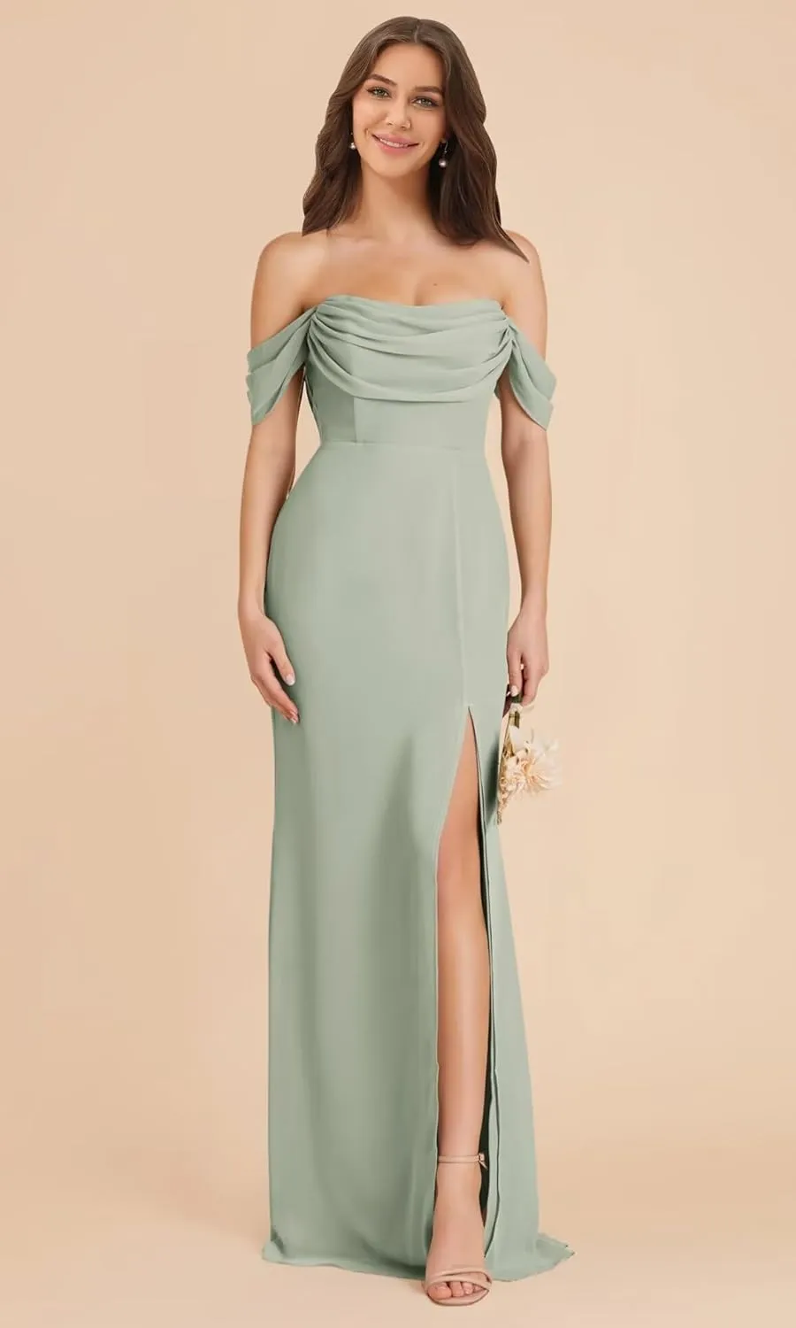 Off Shoulder Chiffon Bridesmaid Dress Long for Women Mermaid Formal Evening Dress with Slit