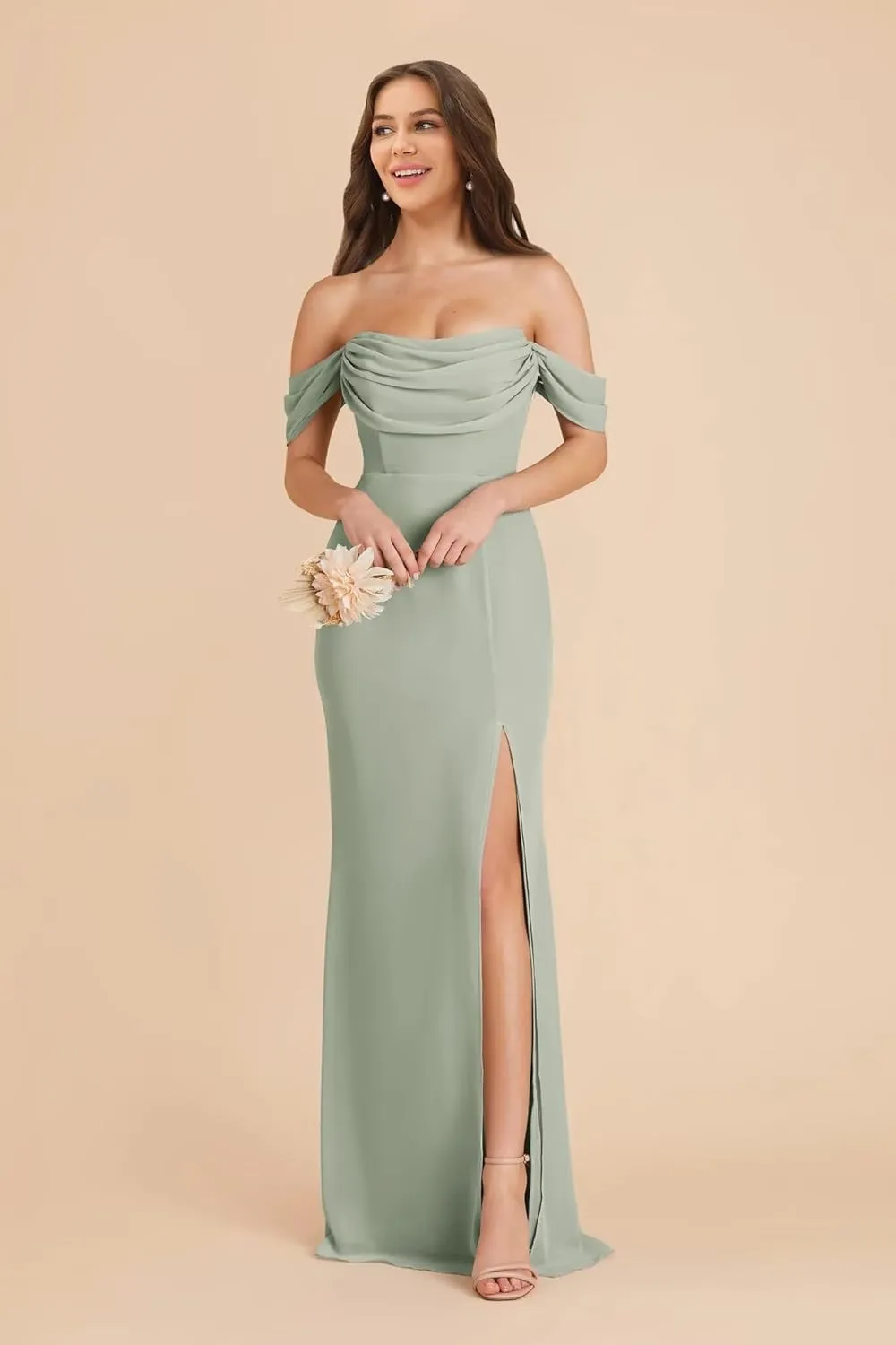 Off Shoulder Chiffon Bridesmaid Dress Long for Women Mermaid Formal Evening Dress with Slit