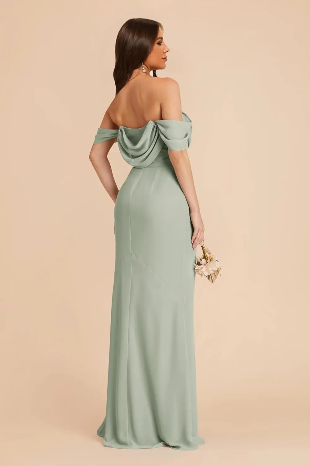 Off Shoulder Chiffon Bridesmaid Dress Long for Women Mermaid Formal Evening Dress with Slit
