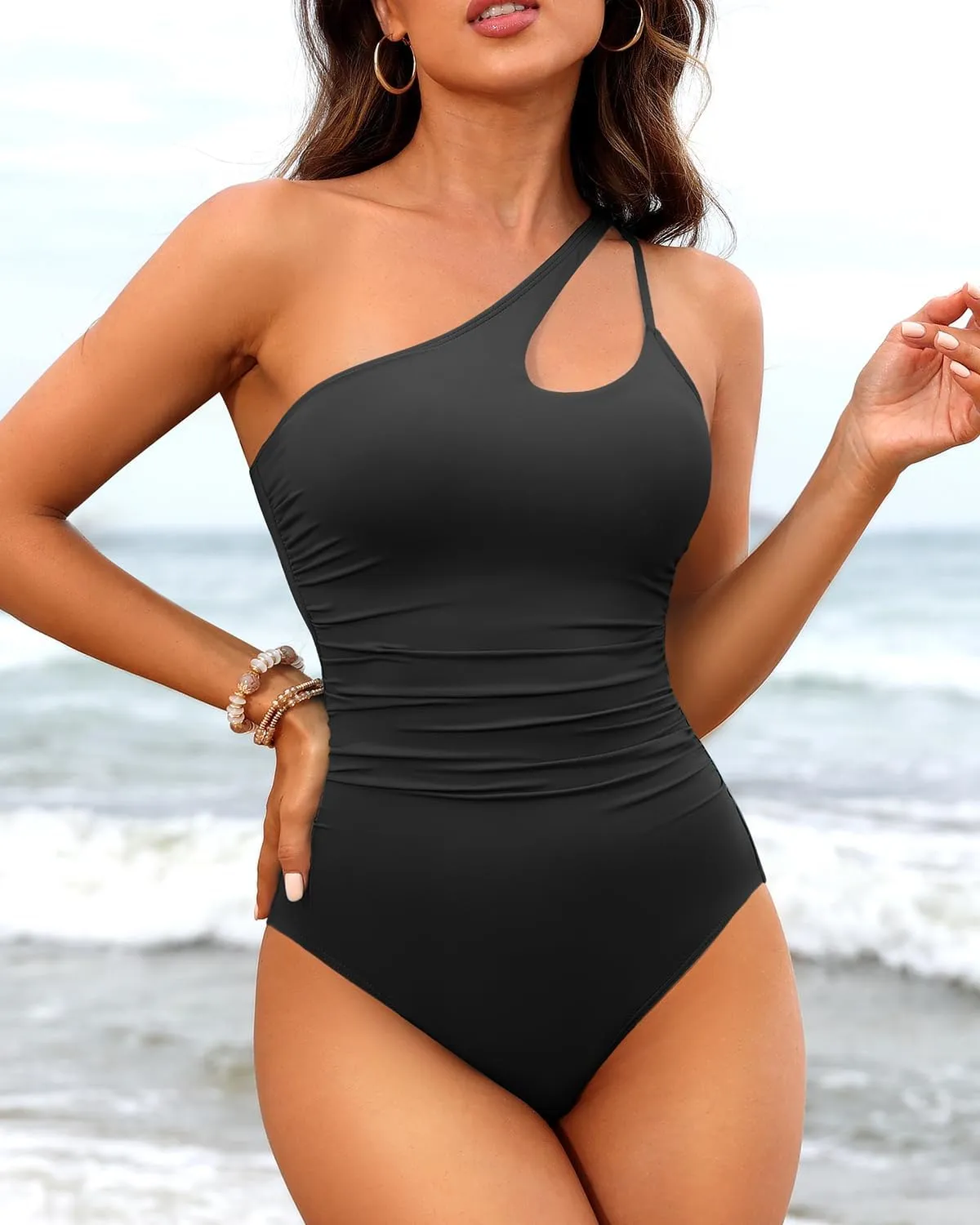 One Shoulder One Piece Swimsuit Tummy Control Bathing Suit for Women Slimming Full Coverage Swimwear