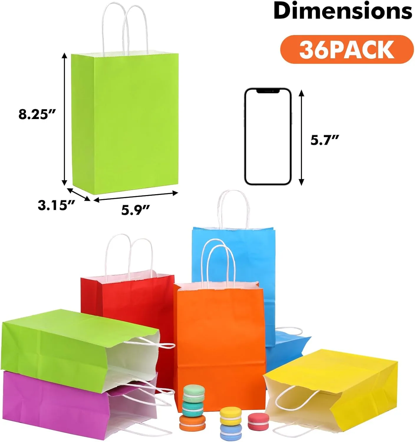 OUTUXED 36pcs Paper Gift Bags with Handles, 6 Colors Party Favor Bags, 5.9"x3.15"x8.25" Small Goodie Bags Gift Bags for Birthday Party and Party Supplies