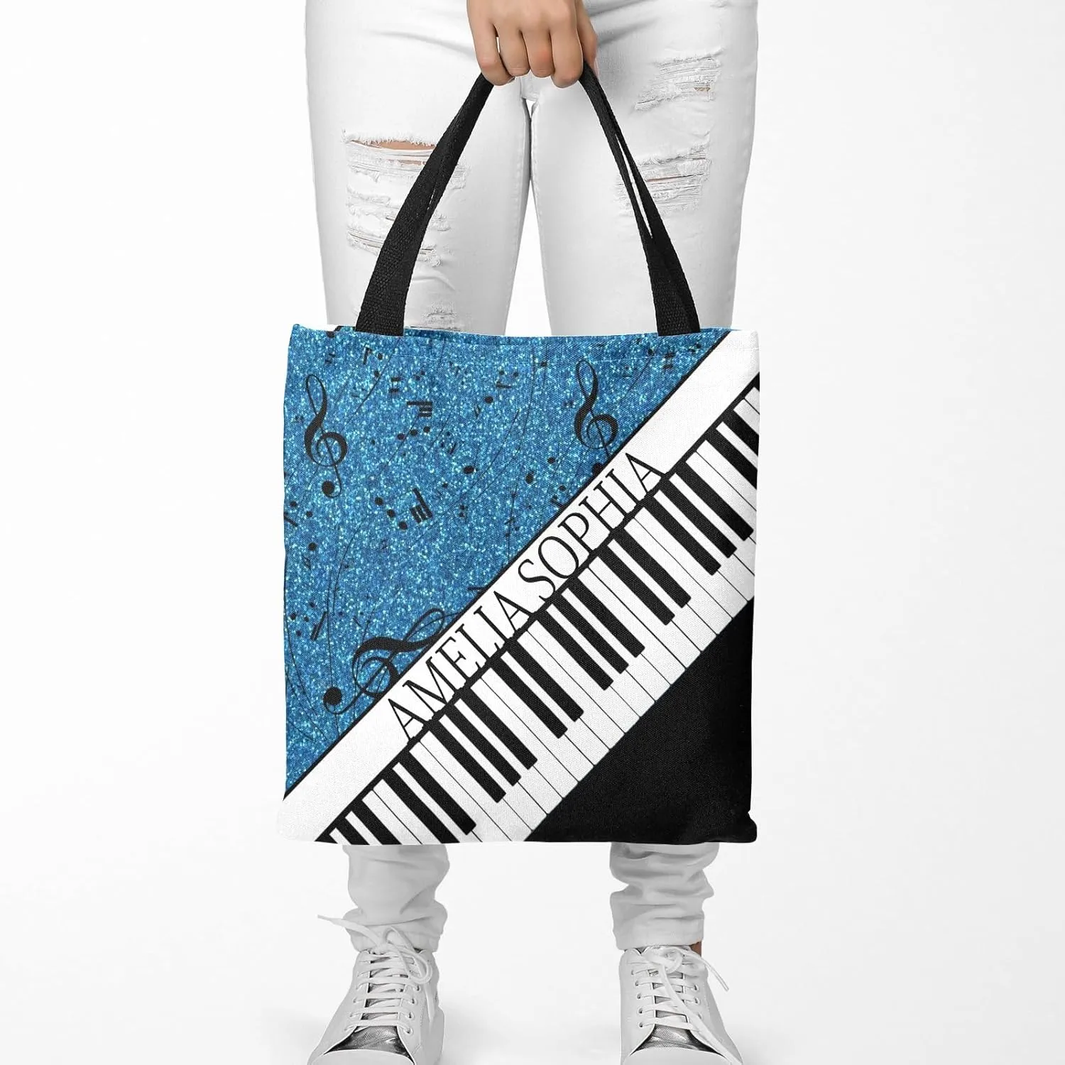 Personalized Name Ocean Glitter Music Note Piano Handbag Gift Bags Christmas Treat Bags for Holiday Party Gift Bags