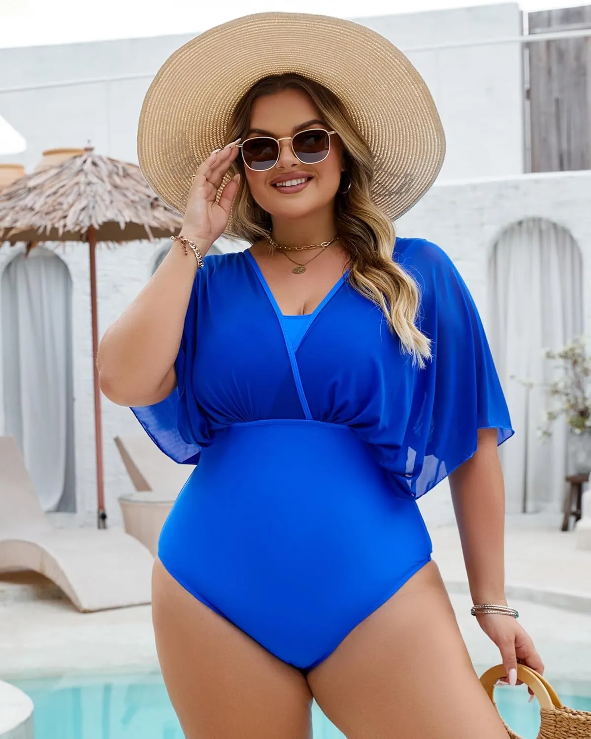 Plus Size One Piece Swimsuit for Women Modest Tummy Control Bathing Suit Mesh Sleeve Flattering Slimming Swim Suits