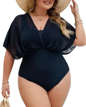 Plus Size One Piece Swimsuit for Women Modest Tummy Control Bathing Suit Mesh Sleeve Flattering Slimming Swim Suits