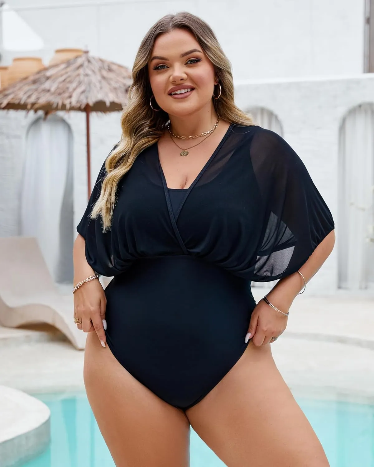 Plus Size One Piece Swimsuit for Women Modest Tummy Control Bathing Suit Mesh Sleeve Flattering Slimming Swim Suits