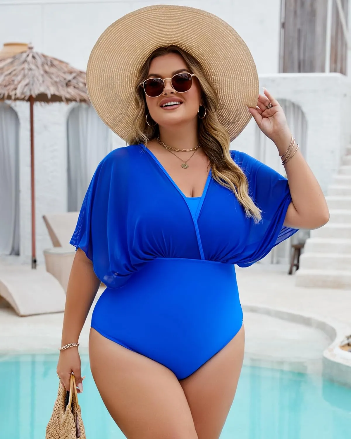 Plus Size One Piece Swimsuit for Women Modest Tummy Control Bathing Suit Mesh Sleeve Flattering Slimming Swim Suits