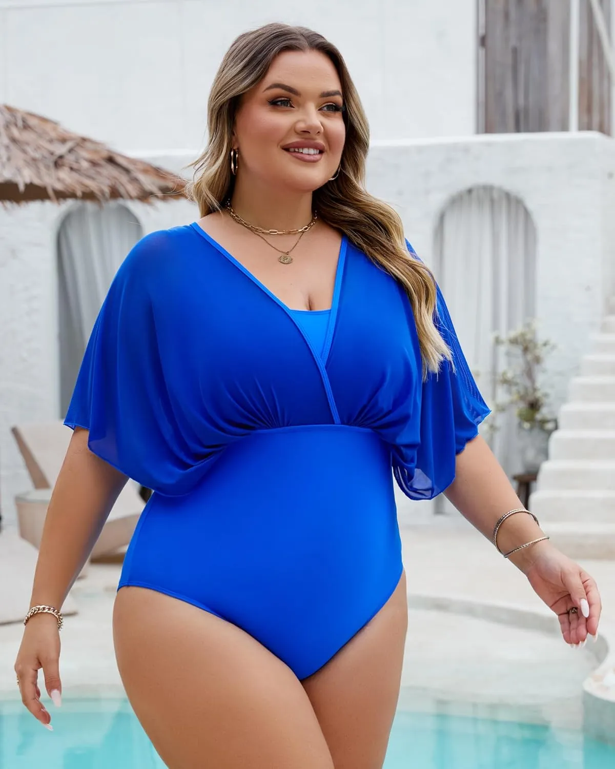 Plus Size One Piece Swimsuit for Women Modest Tummy Control Bathing Suit Mesh Sleeve Flattering Slimming Swim Suits