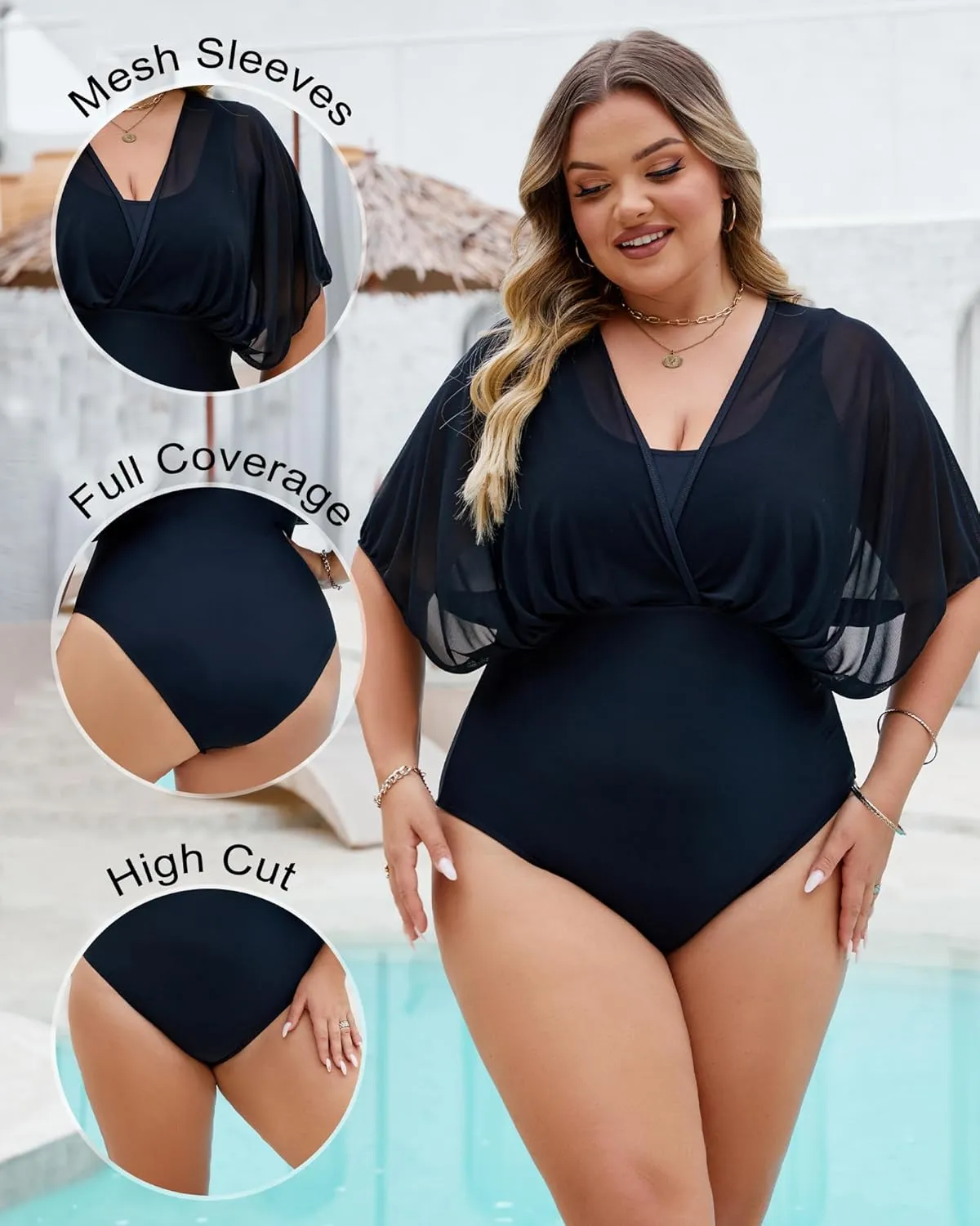 Plus Size One Piece Swimsuit for Women Modest Tummy Control Bathing Suit Mesh Sleeve Flattering Slimming Swim Suits