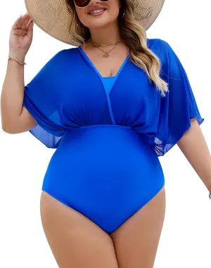 Plus Size One Piece Swimsuit for Women Modest Tummy Control Bathing Suit Mesh Sleeve Flattering Slimming Swim Suits
