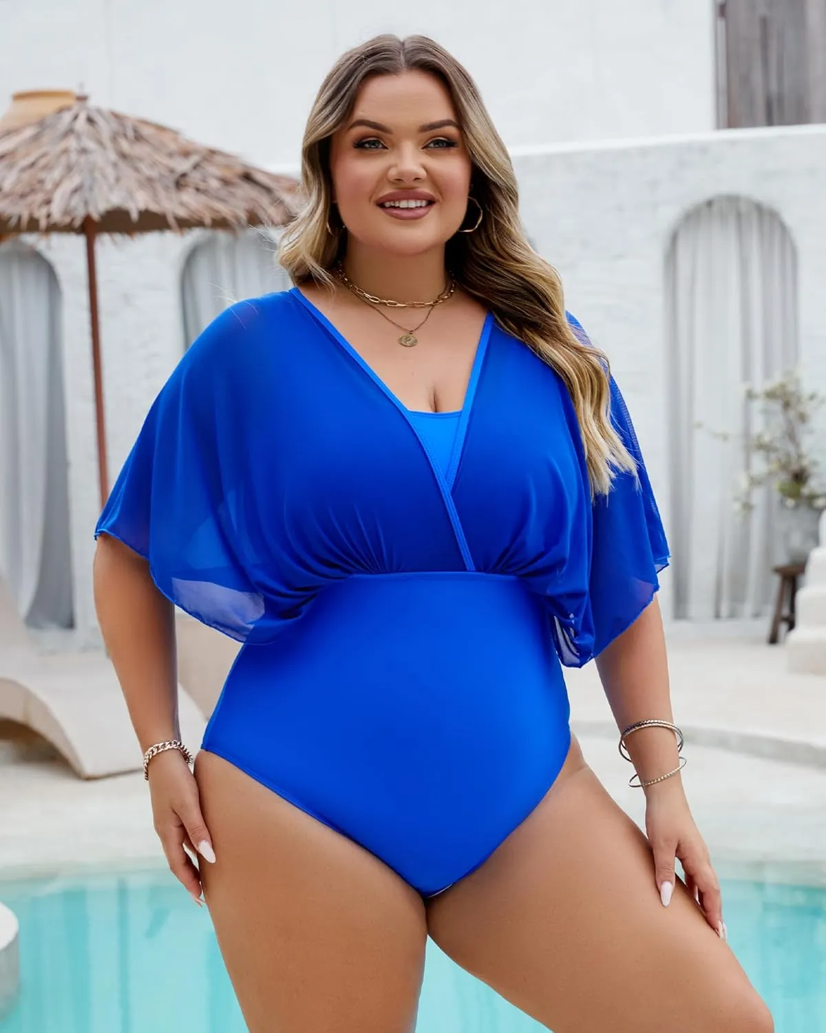 Plus Size One Piece Swimsuit for Women Modest Tummy Control Bathing Suit Mesh Sleeve Flattering Slimming Swim Suits
