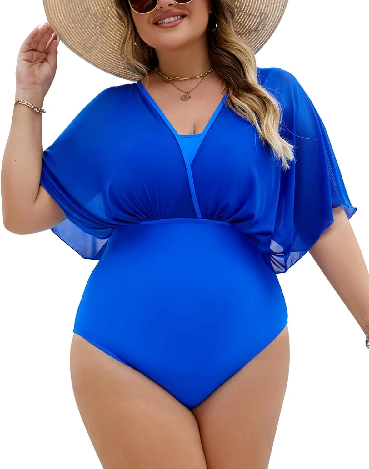 Plus Size One Piece Swimsuit for Women Modest Tummy Control Bathing Suit Mesh Sleeve Flattering Slimming Swim Suits