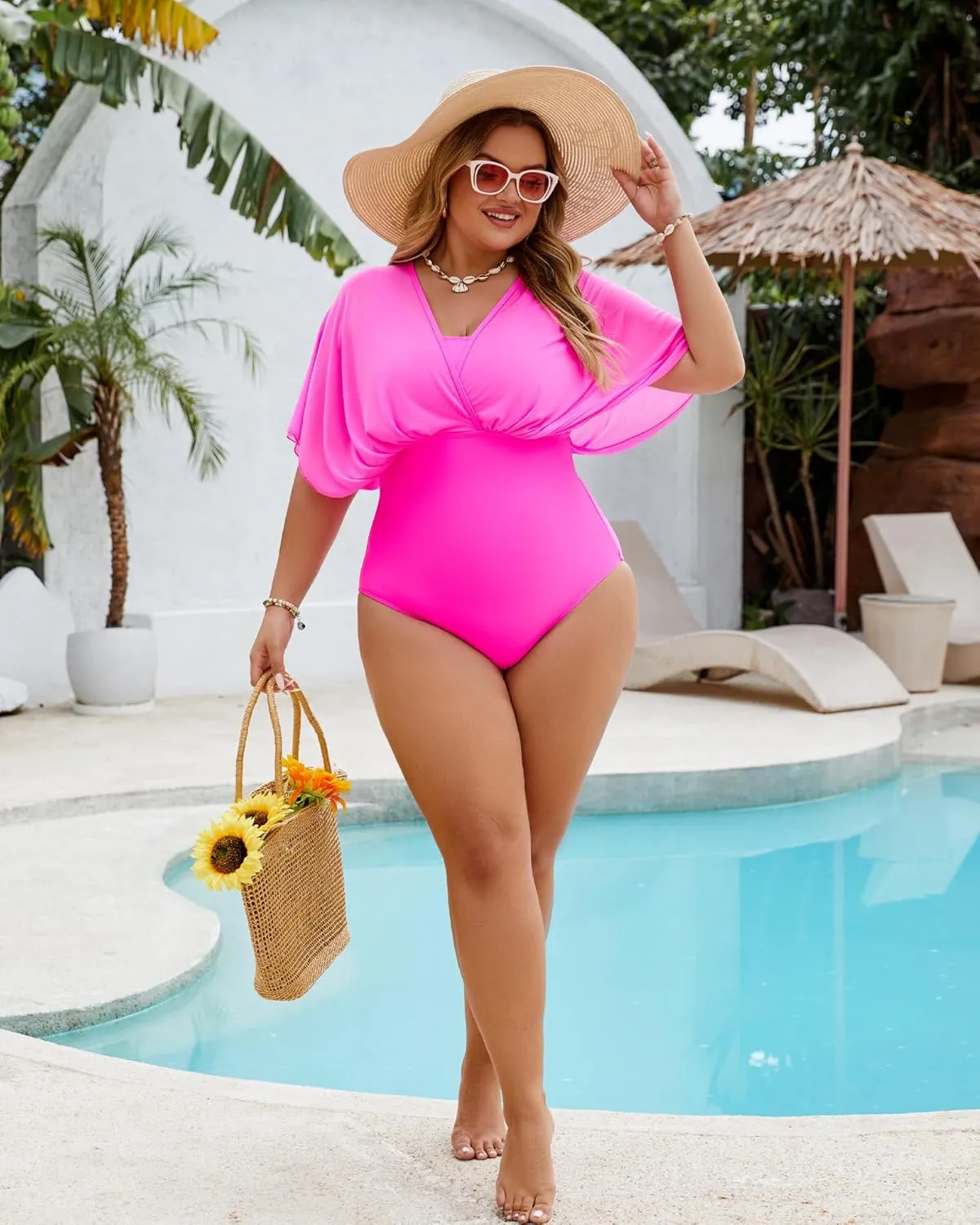 Plus Size One Piece Swimsuit for Women Modest Tummy Control Bathing Suit Mesh Sleeve Flattering Slimming Swim Suits