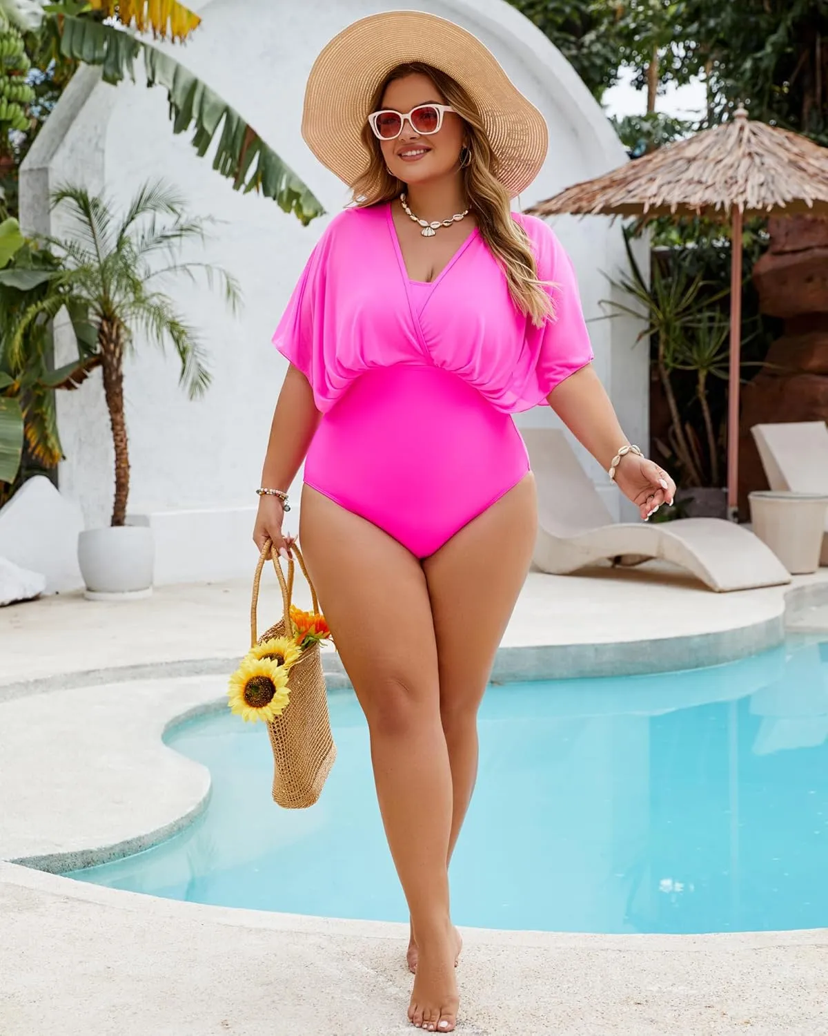Plus Size One Piece Swimsuit for Women Modest Tummy Control Bathing Suit Mesh Sleeve Flattering Slimming Swim Suits
