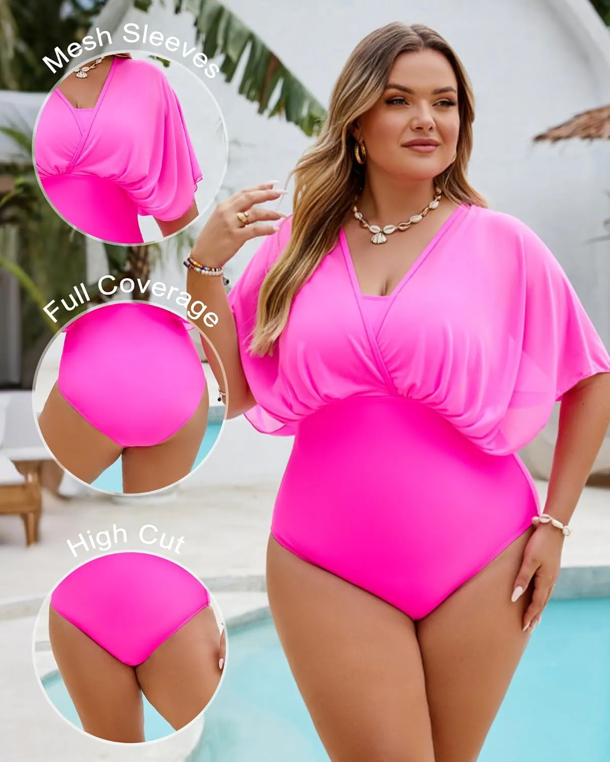 Plus Size One Piece Swimsuit for Women Modest Tummy Control Bathing Suit Mesh Sleeve Flattering Slimming Swim Suits