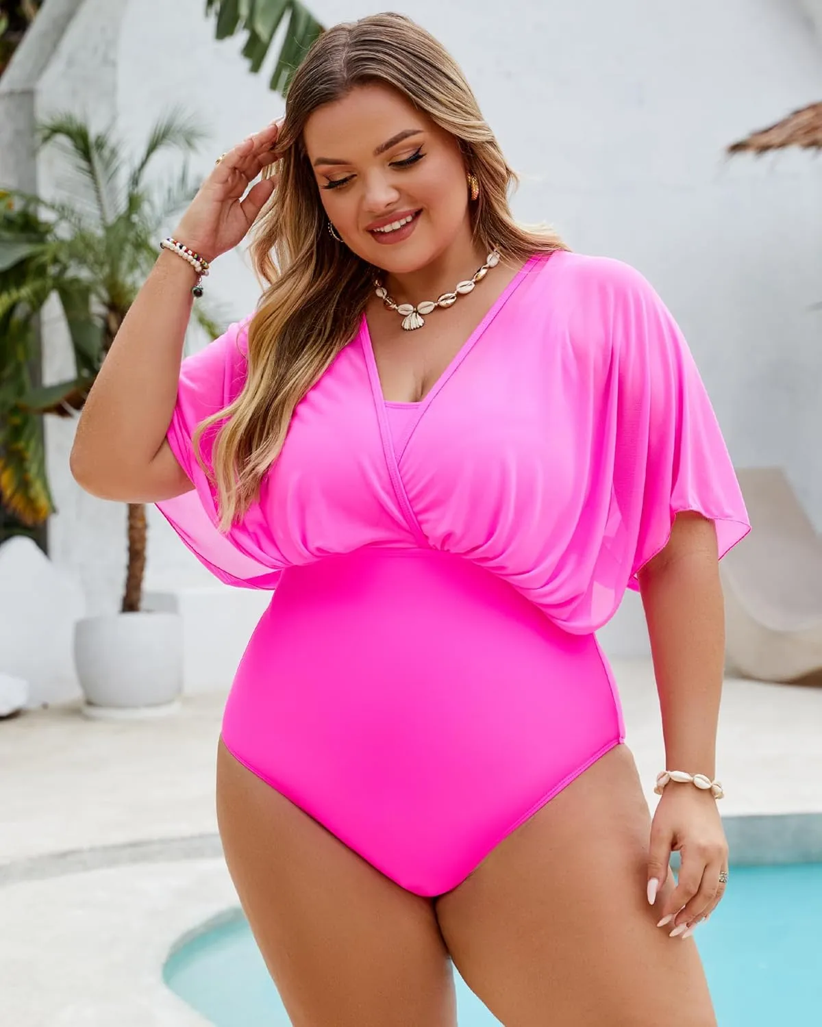 Plus Size One Piece Swimsuit for Women Modest Tummy Control Bathing Suit Mesh Sleeve Flattering Slimming Swim Suits