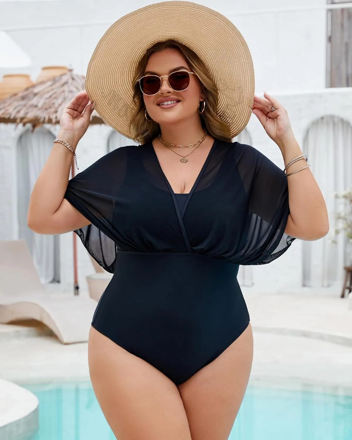 Plus Size One Piece Swimsuit for Women Modest Tummy Control Bathing Suit Mesh Sleeve Flattering Slimming Swim Suits