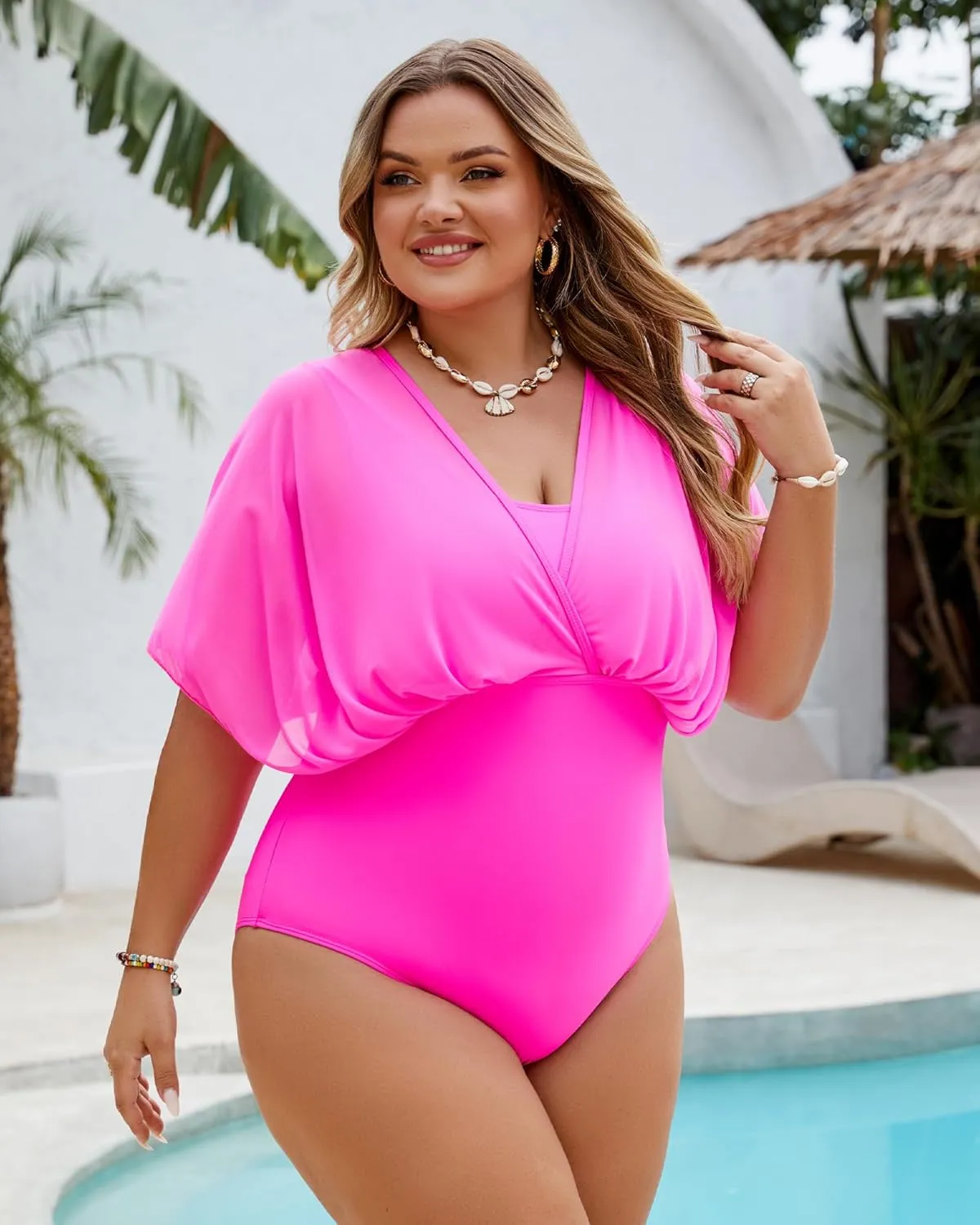 Plus Size One Piece Swimsuit for Women Modest Tummy Control Bathing Suit Mesh Sleeve Flattering Slimming Swim Suits
