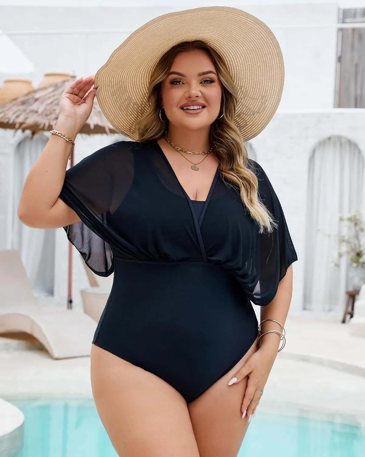 Plus Size One Piece Swimsuit for Women Modest Tummy Control Bathing Suit Mesh Sleeve Flattering Slimming Swim Suits