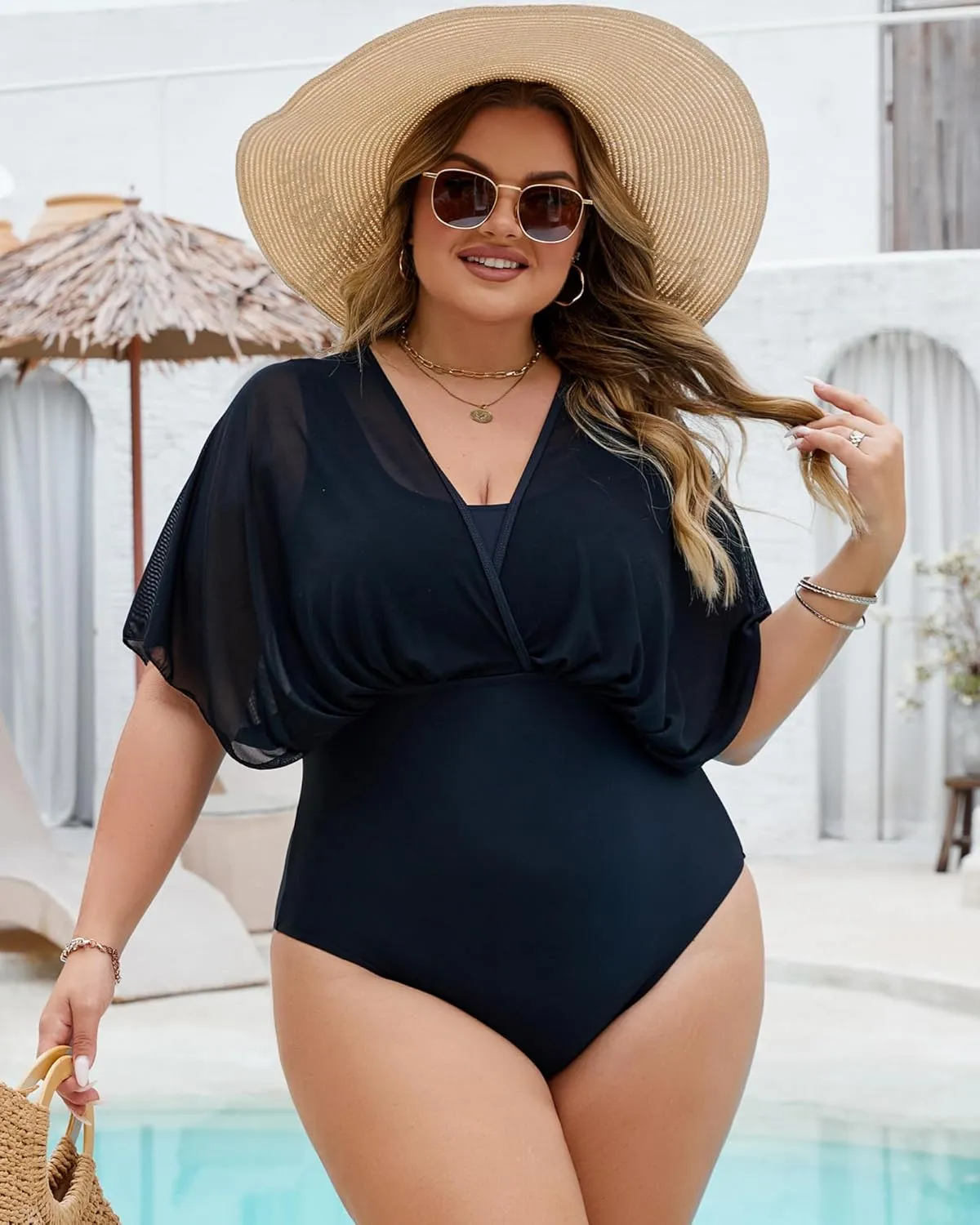 Plus Size One Piece Swimsuit for Women Modest Tummy Control Bathing Suit Mesh Sleeve Flattering Slimming Swim Suits