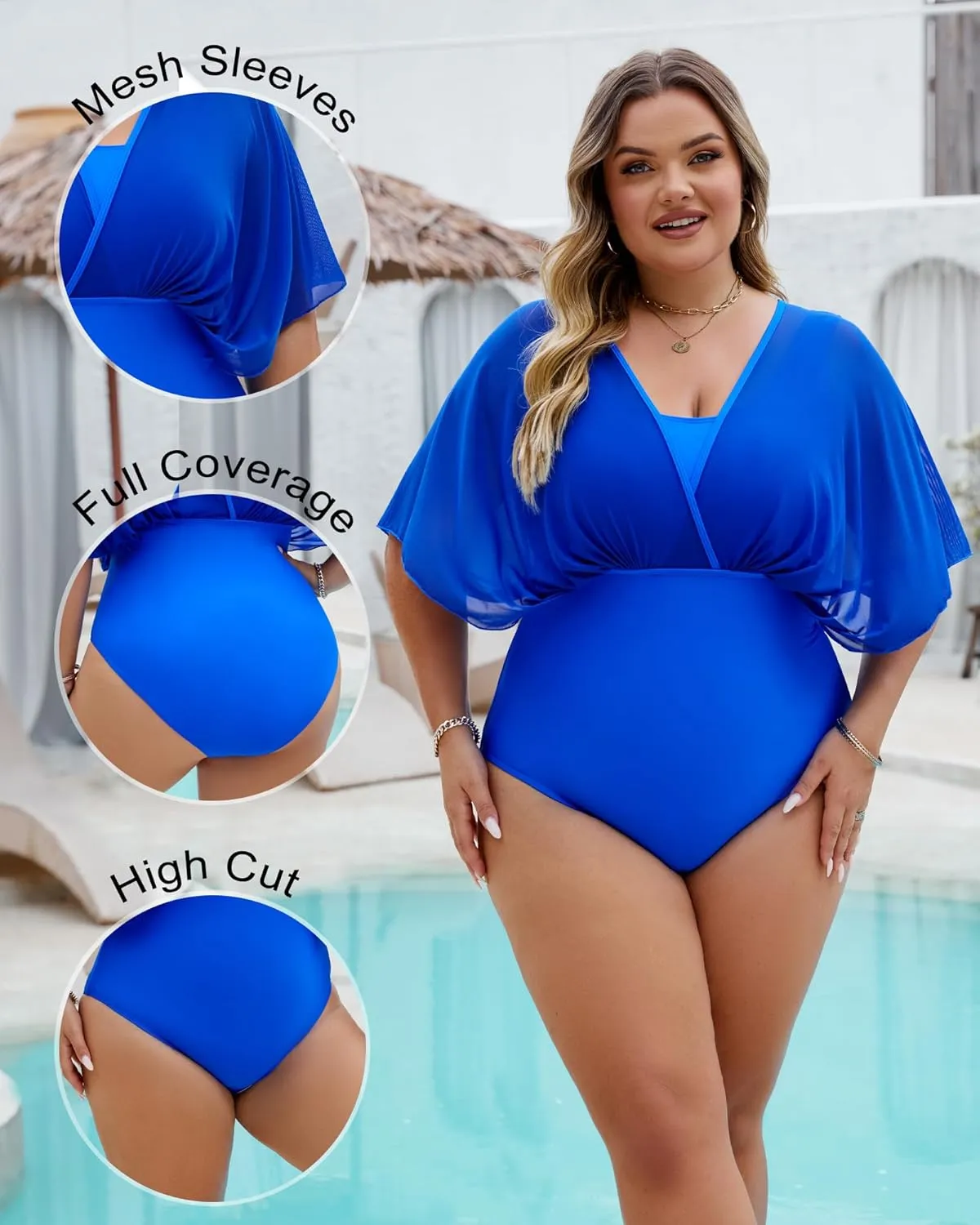 Plus Size One Piece Swimsuit for Women Modest Tummy Control Bathing Suit Mesh Sleeve Flattering Slimming Swim Suits