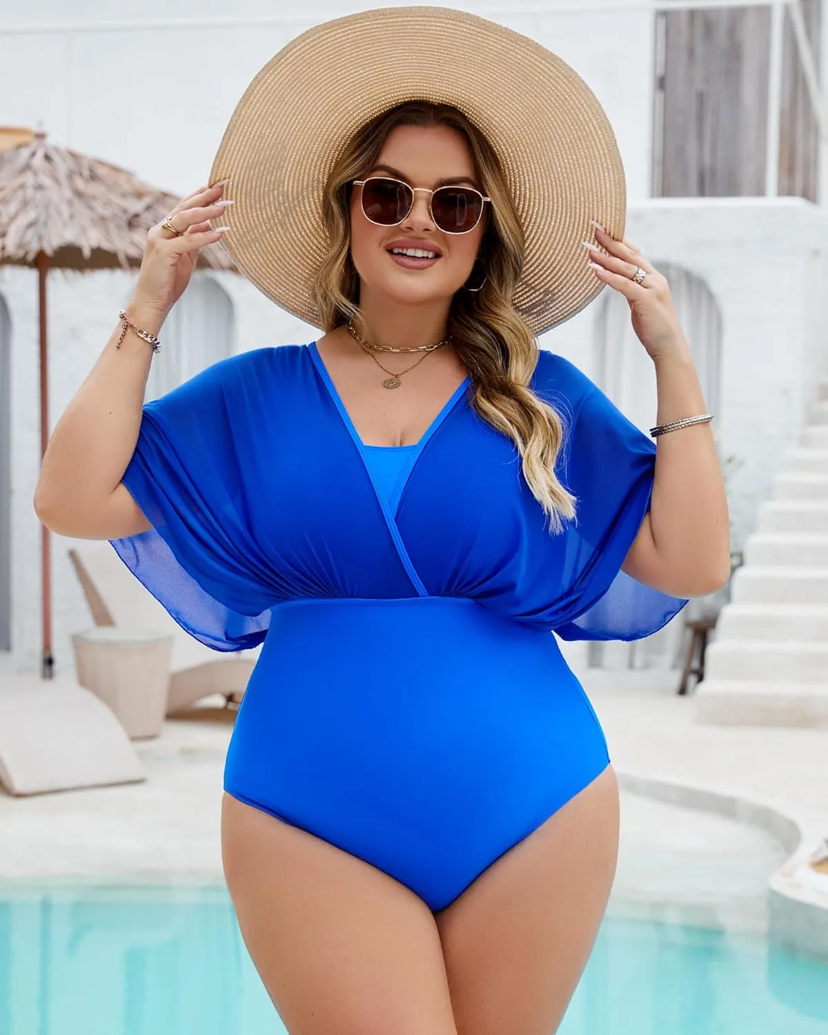 Plus Size One Piece Swimsuit for Women Modest Tummy Control Bathing Suit Mesh Sleeve Flattering Slimming Swim Suits