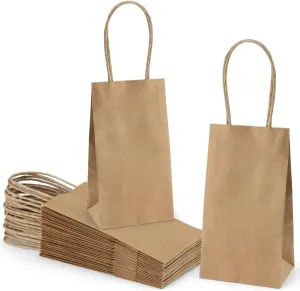 Poever Kraft Paper Bags 25 Pack - Mini Brown Gift Bags With Handles 3.5x2.4x6.7 for Party Favor and Small Business