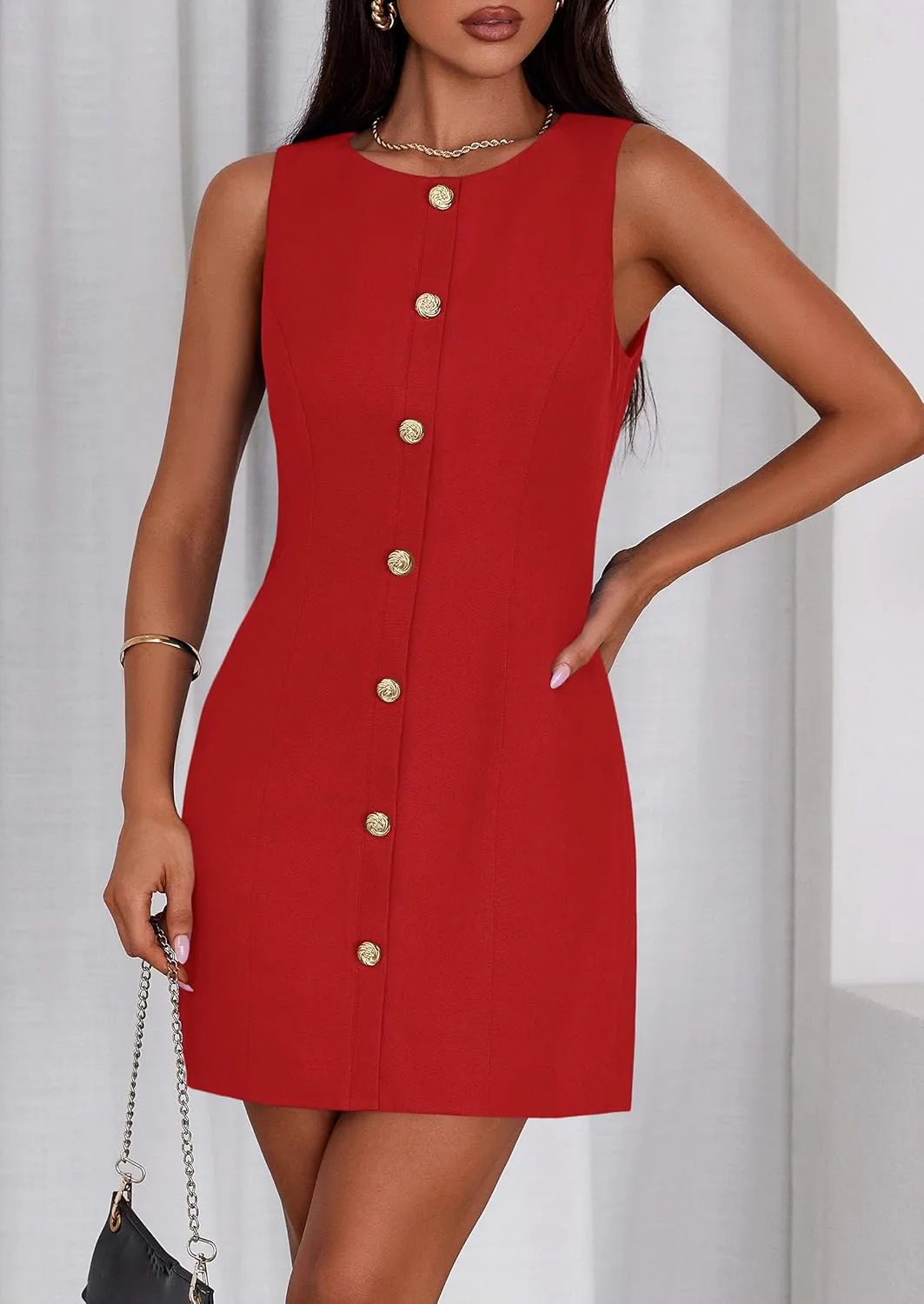 PRETTYGARDEN Work Dresses for Women 2025 Summer Business Short Dress Sleeveless Button Down Formal Elegant Office Outfits