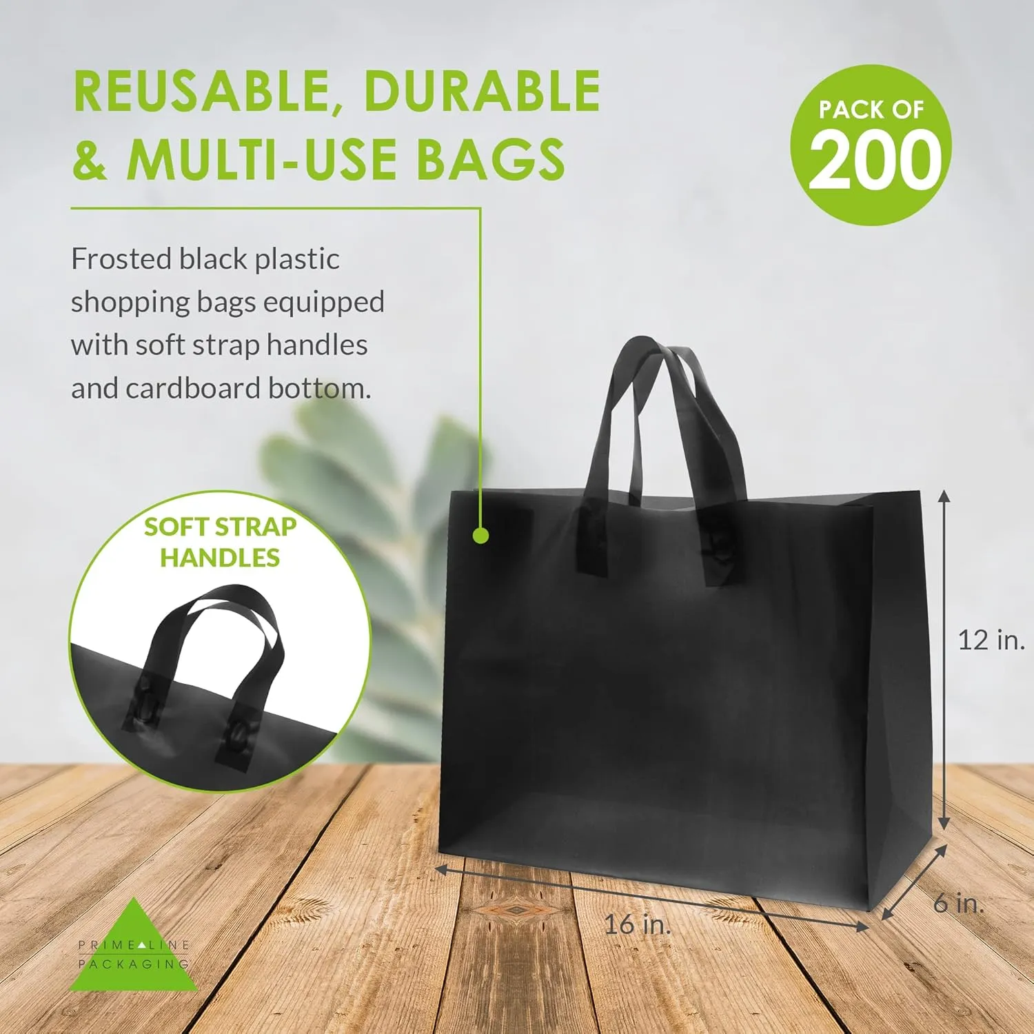 Prime Line Packaging Plastic Shopping Bags with Handles for Small Business, Black Frosted Tote, Merchandise, Retail, Boutiques, Bulk, 16x6x12 200 Pack