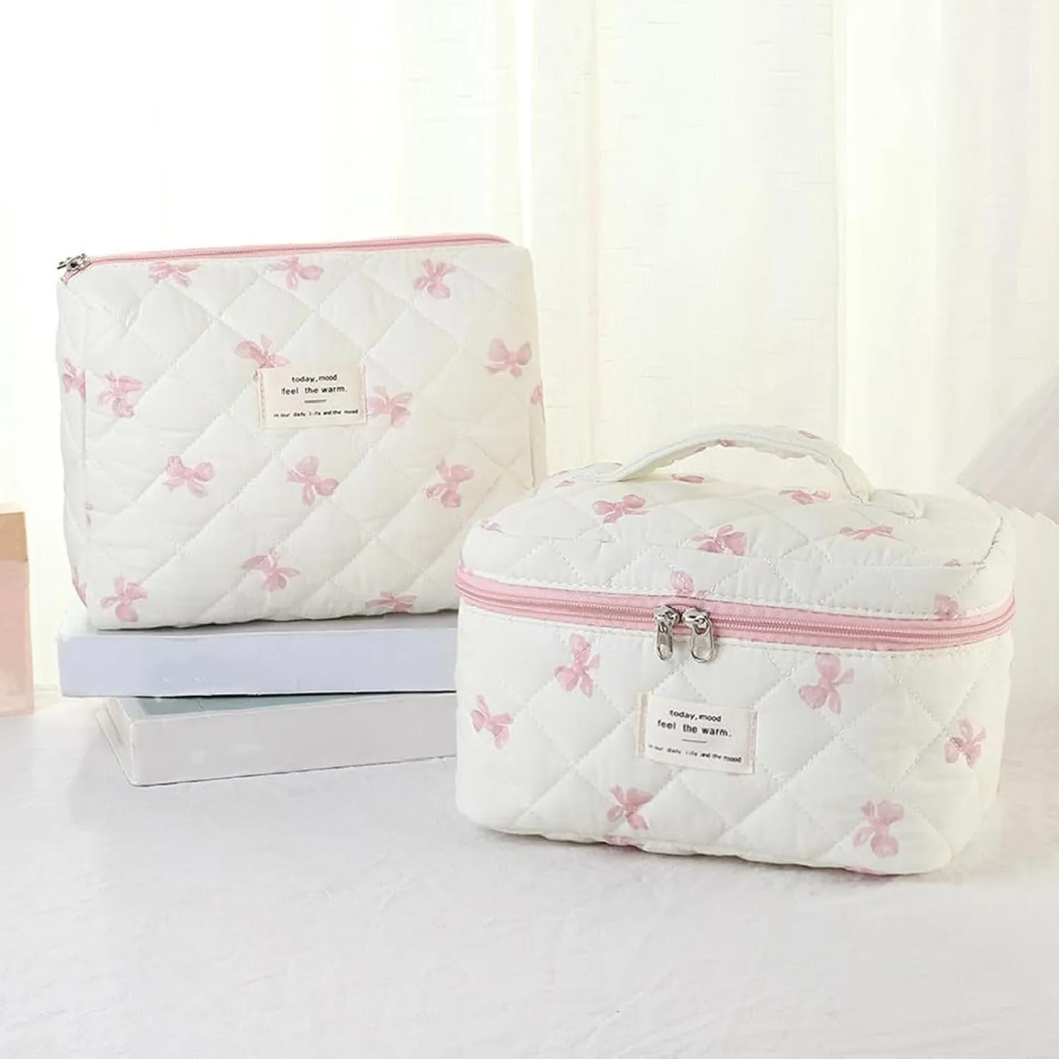 Quilted Makeup Bag,Bow Makeup Bag,Cotton Makeup Bag Set for Women,Travel Makeup Bag,Large Toiletry Cosmetic Bag Makeup Bag Organizer for Women Girls (N1-1PC)