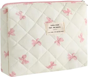 Quilted Makeup Bag,Bow Makeup Bag,Cotton Makeup Bag Set for Women,Travel Makeup Bag,Large Toiletry Cosmetic Bag Makeup Bag Organizer for Women Girls (N1-1PC)