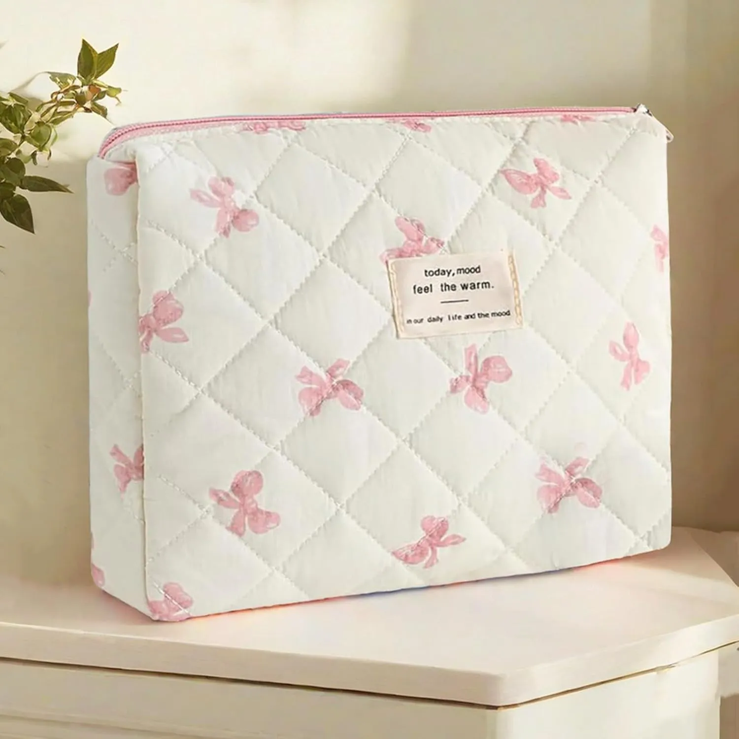Quilted Makeup Bag,Bow Makeup Bag,Cotton Makeup Bag Set for Women,Travel Makeup Bag,Large Toiletry Cosmetic Bag Makeup Bag Organizer for Women Girls (N1-1PC)