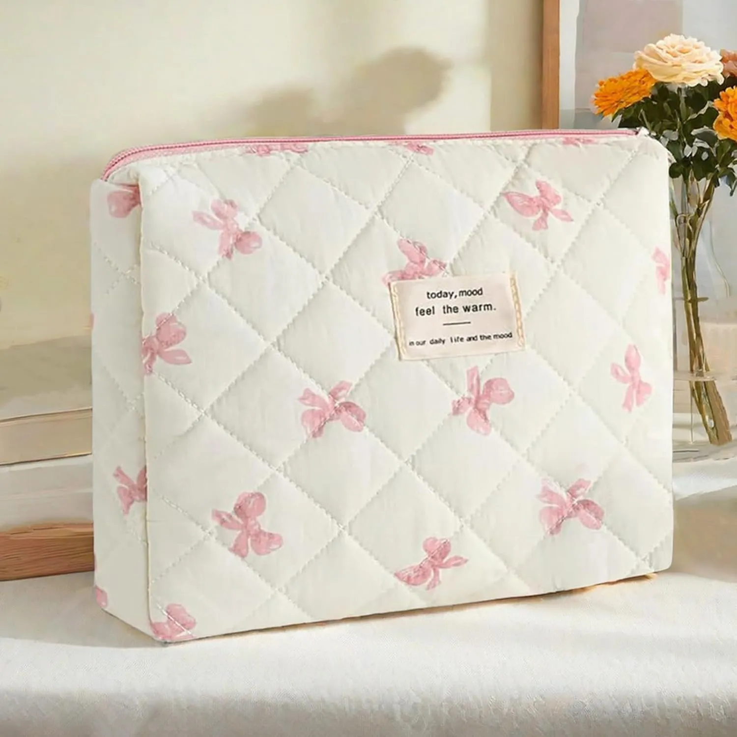 Quilted Makeup Bag,Bow Makeup Bag,Cotton Makeup Bag Set for Women,Travel Makeup Bag,Large Toiletry Cosmetic Bag Makeup Bag Organizer for Women Girls (N1-1PC)