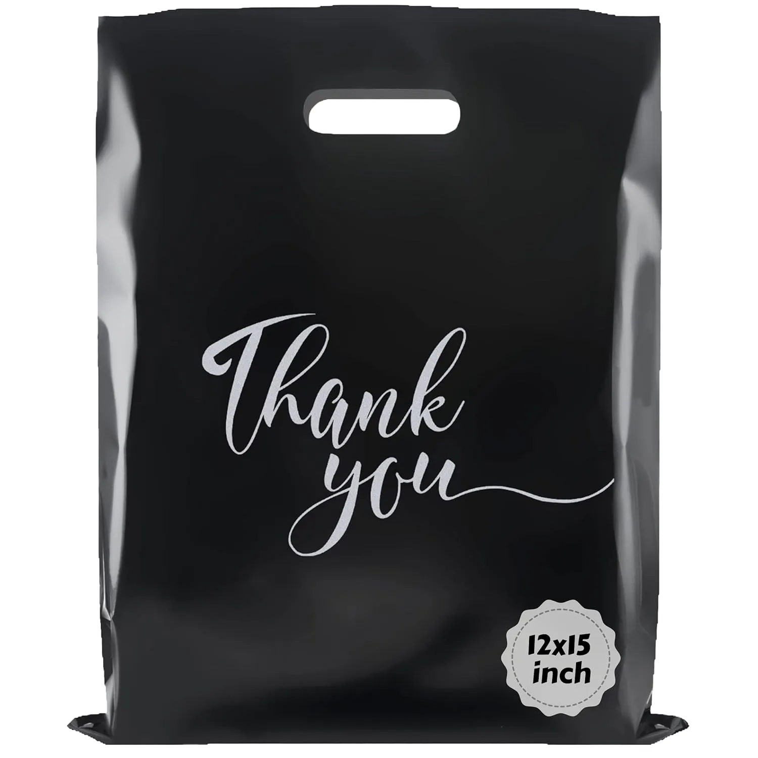 Rainbows & Lilies 100 Thank You Plastic Bags with Handles - 12"W x 15"H Thick Reusable Bulk Shopping Bags for Small Business, Retail, Boutique, Merchandise, Clothes, Gifts, Goodie Party Favors (Black)